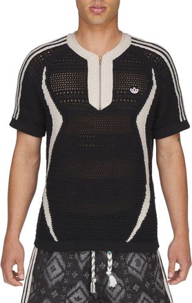 adidas Originals x CLOT Short Sleeve Quarter Zip Sweater in Black/Wonder White at Nordstrom, Size Xx-Large