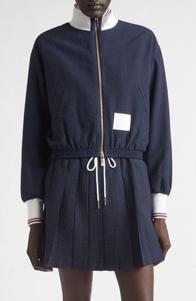 Thom Browne Wool Seersucker Track Jacket in Navy at Nordstrom, Size 10 Us