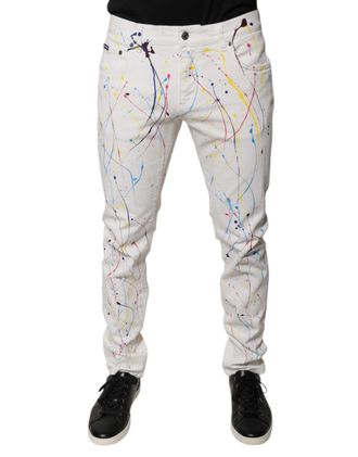 Dolce & Gabbana Mens White Splash Print Skinny Denim Jeans Cotton Elastane Clothing