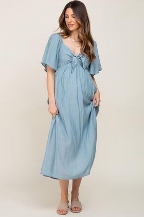 Pinkblush Front Tie Ruffle Sleeve Midi Dress in Blue at Nordstrom, Size X-Large
