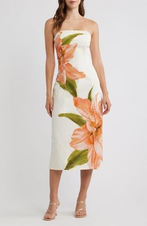 Flying Tomato Floral Strapless Stretch Cotton Sheath Dress in Ivory at Nordstrom, Size Medium