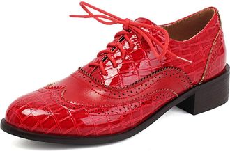 Generic Womens Lace Up Oxfords Shoes Low Block Heel Vintage Brogues Round Toe Office Dress Shoes,Red,10.5 UK