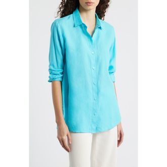 Eileen Fisher Classic Collar Organic Linen Long Button-Up Shirt in Aquarius at Nordstrom, Size Large