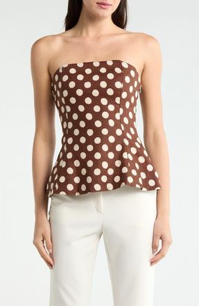 Faithfull The Brand Petro Polka Dot Strapless Linen Peplum Top in Cioccolato Dot at Nordstrom, Size Xx-Large