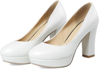 Generic Womens Block Heel Platform Court Shoes - Slip-On Comfortable Pumps for Spring Autumn Work Commute & Parties,White,1.5 UK