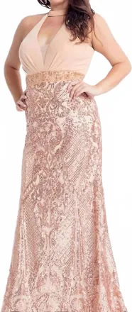 Rachel Allan Plunging Neckline Sequin Prom Dress - Plus In Champagne