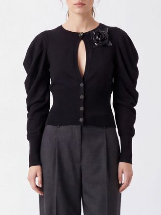 Blumarine Cardigan slim fit in lana con applicazione floreale e spalle arricciate