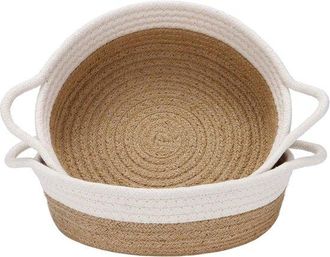 OEM Juego De 2 Cestas De Almacenamiento De Cuerda De Algod&oacute;n - 10 X 3 Pulgadas - Lino Y Blanco