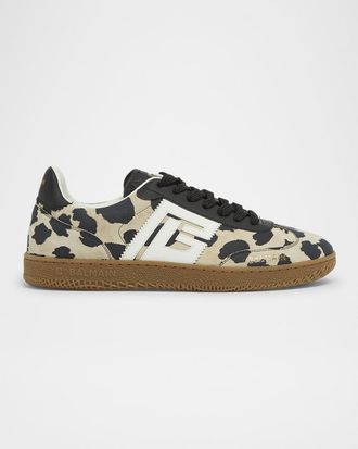 Balmain Swan Snow Leopard-Print Suede Low-Top Sneakers