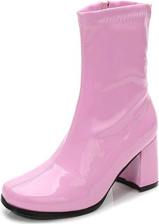 Generic Gizelle Womens Go Go Boots Mid Calf Block Heel Zipper Boot Ankle Boots Low Block Heel Short Boots Shoes (Pink Patent, uk_footwear_size_system, adult, 