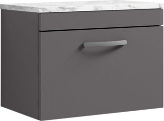 Nuie Athena Wall Hung 1-Drawer Vanity Unit with Carrera Marble Worktop 600mm Wide - Gloss Grey - Nuie