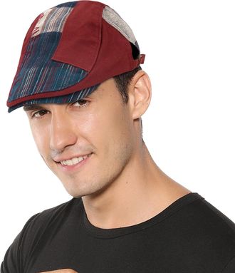 Feoya Mens Duckbill Flat Cap - Plaid Checked Gatsby Newsboy Irish Cabbie Ivy Unisex Peaked Bill Twill Vintage Beret - Adjustable Driving Hunting Hats - Wine