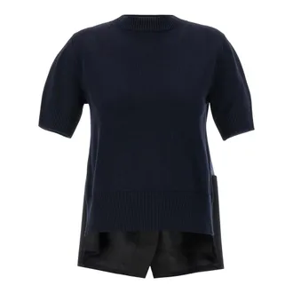 sacai Truien & Vesten, Dames, Blauw, M, Katoen, Asymmetrische Patchwork Trui