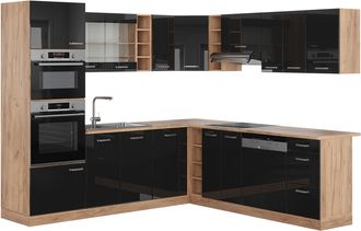 Vicco Cocina Esquinera R-line, Roble Negro/dorado De Alto Brillo, 237 X 247 Cm, Et Roble
