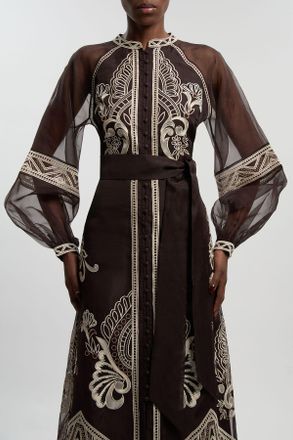 Karen Millen Womens Embroidered Organdie Balloon Sleeve Woven Maxi Dress - Chocolate - Size 10 UK