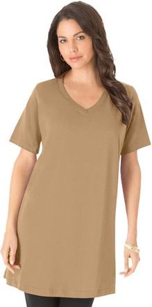 Roaman's Plus Size Ultimate Cotton V-Neck Short Sleeve Tunic in Soft Camel at Nordstrom, Size Medium