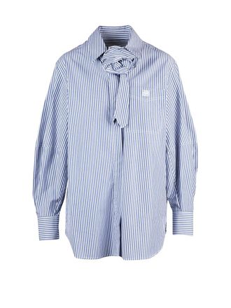 Marella Blue And White Striped Cotton Sport Shirt With Tie Neck Detail