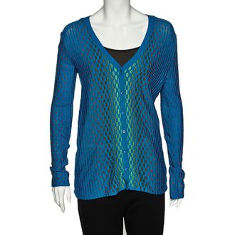 M Missoni Blue Patterned Dobby Knit Button Front Cardigan