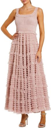 Mac Duggal Micro Ruffle Sleeveless Scoop Neck Tiered Maxi Dress in Rose at Nordstrom, Size 10