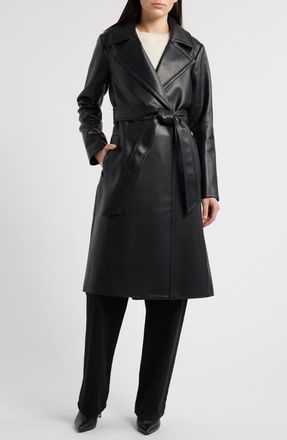 Michael Kors Long Faux Leather Trench Coat in Black at Nordstrom, Size Large