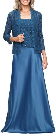 Alex Evenings Sequin Lace & Satin Gown with Jacket in Peacock at Nordstrom, Size 16