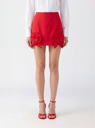 Blumarine High-Waisted Cr&ecirc;pe Pencil Mini Skirt with Floral Appliqu&eacute;
