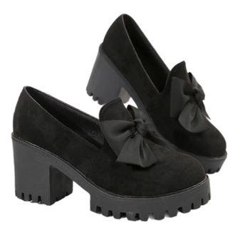 Generic Women Bowknot Loafers, Women Flannel Chunky Heel Bow High Heel, Elegant Round Toe Shoes for Business Office Work Everyday Wear (Black, Adult, Women, 5