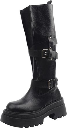 Generic Womens Knee High Boots Side Zipper with Belt Buckle Shoes Mid-Calf Ladies Riding Boots Casual Stylish Thick High Heels Cowboy Boot Retro Comfortable S