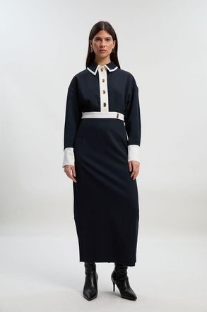 Karen Millen Womens Twill Contrast Hardware Woven Midi Dress - Navy - Size 14 UK