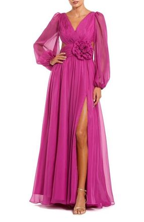 Mac Duggal Long Sleeve V Neck Chiffon Gown With 3D Flower in Magenta at Nordstrom, Size 10