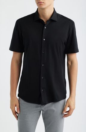 BOSS Roan Knit Short Sleeve Button-Up in Black at Nordstrom, Size Xx-Large