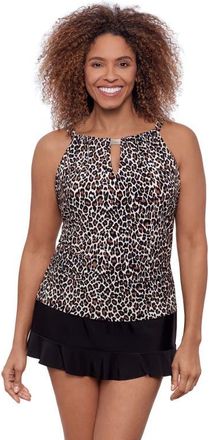 Aqua Green High Neck Keyhole Full Coverage Adjustable Tankini Swimsuit Top in Desert Leopard at Nordstrom, Size X-Large