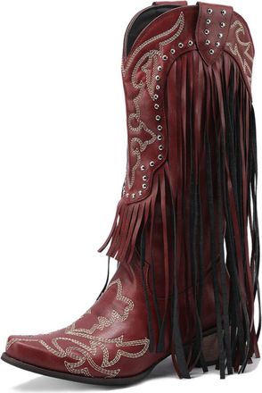 Generic Womens Knee-High Cowboy Boots PU Leather With Long Fringe Decorative Studs Embroidered Pattern Pointed Toe Comfortable Non-Slip Durable Construction,R