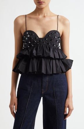 Ulla Johnson Lucia Embellished Ruffle Crop Camisole in Noir at Nordstrom, Size 10
