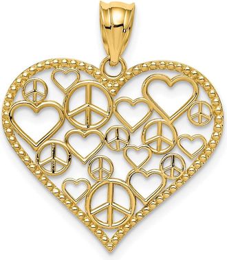 Diamond2Deal 14k Yellow Gold Polished Hearts and Peace Signs in Heart Pendant