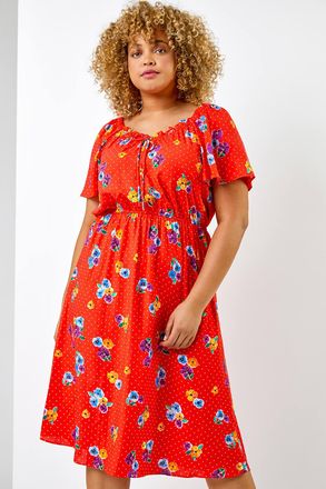 Roman Spot Floral Print Sweetheart Midi Dress