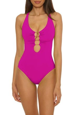 BECCA by Rebecca Virtue Corset Back One-Piece Swimsuit in Hibiscus at Nordstrom, Size Large