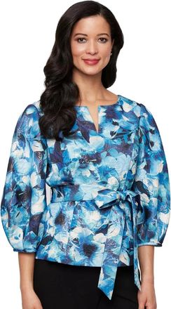 Alex Evenings Top Womens Blue Multi Floral Tie Waist 3/4 Sleeve Blouse PAL73