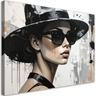 Feeby Cuadro Sobre Lienzo Mujer Con Sombrero Negro De Estilo Boho 100x70