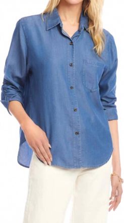 Karen Kane Ruched Three Quarter Sleeve Button-Up Shirt In Chambray