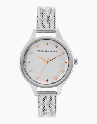 French Connection Womens Connection Silver Case Round Shape Silver Strap Quartz Watch - White - Size: ONE size