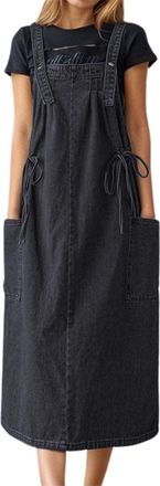 Generic Womens Denim Suspender Pinafore Dungaree Dress Long Skirt Overalls Vintage Style with Tie Straps & Pocket, Sleeveless Casual Wear, A-Line Maxi Design,