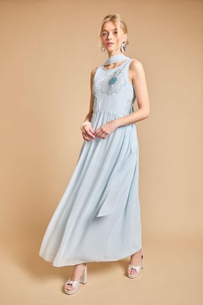 Oasis Womens Scarf Detail Hand Stitched Midaxi Dress - Light Blue