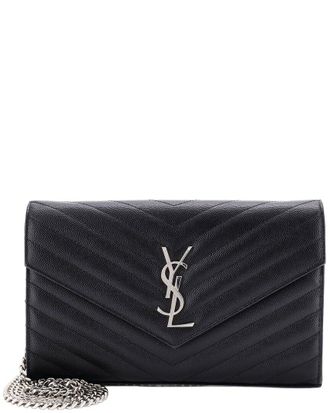 Saint Laurent Black Matelasse Chevron Leather Classic Monogram Wallet On Chain Medium (Authentic Pre-Loved)