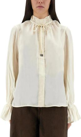 Ganni Blouse met hoge hals en ruches van zijdeblend - Dames - Blouses - Beige - S - Overhemden