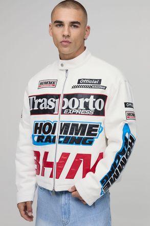 Boohooman Mens Boxy Fit Twill Applique Moto Jacket - White Cotton - Size X-Large