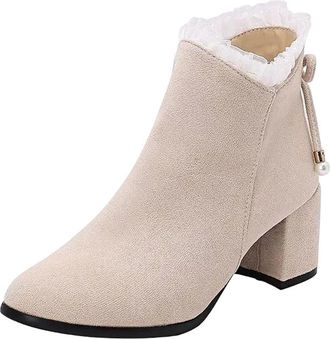 Generic Womens Elegant Ankle Boots Round Toe High Thick Heel With Side Zipper And Butterfly-Knot Accent Dressy Booties