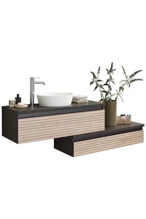 Novel Waschtischkombi, Eichefarben, Dunkelgrau, Holzwerkstoff, 2 Schubladen, 160 cm, Goldenes M, Made in Germany, h&auml;ngend, Badezimmer, Waschbecken & Armatur
