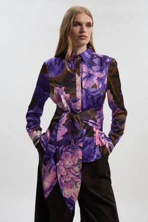 Karen Millen Womens Floral Print Hammered Satin Collared Woven Shirt - Size 10 UK