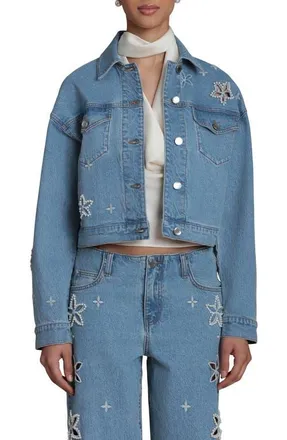 Avec Les Filles Faux Pearl Floral Denim Jacket in Fleur Stamp/Nikki Wash at Nordstrom, Size X-Small